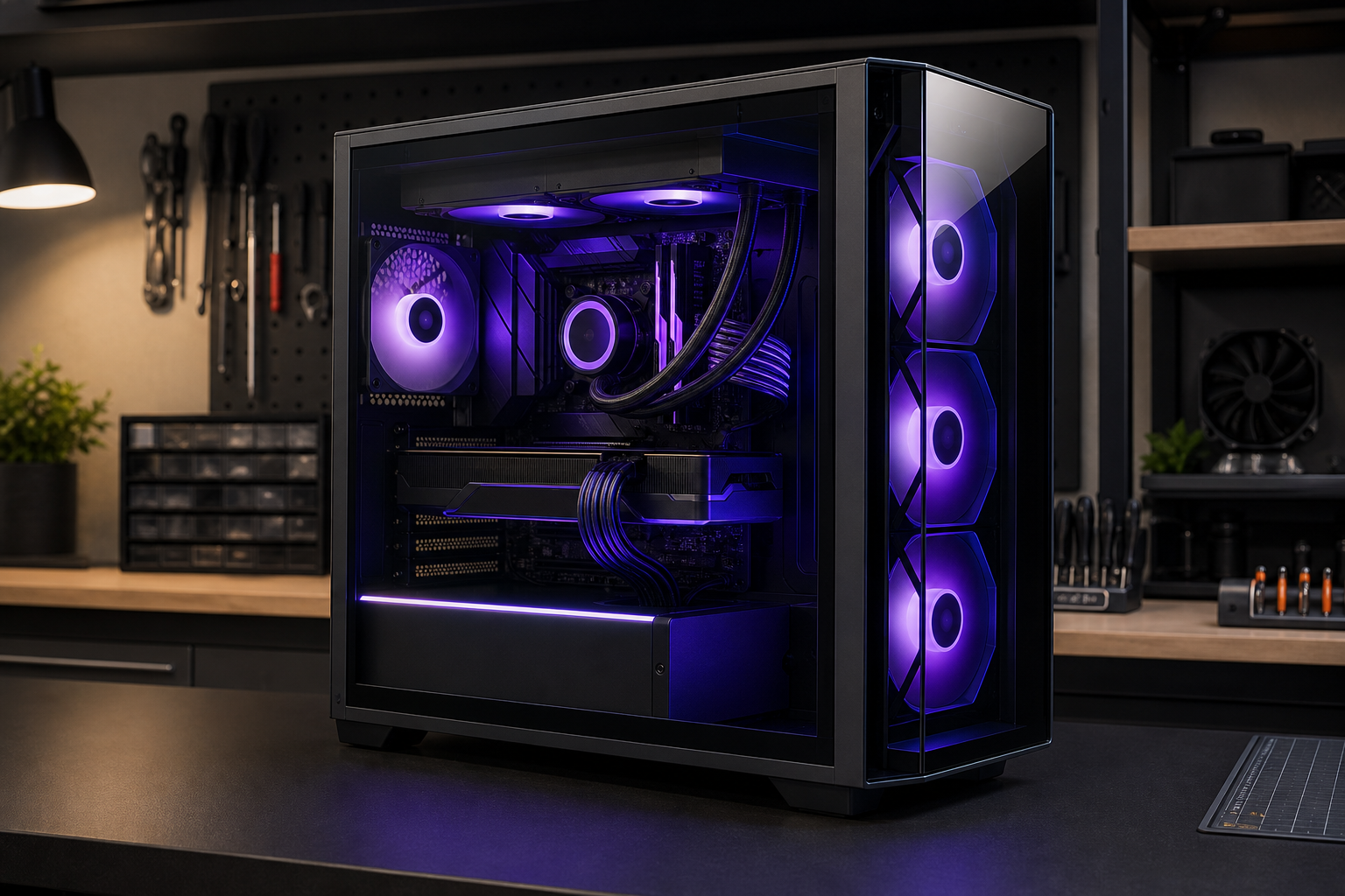 PC gaming sur mesure avec panneau vitré et éclairage RVB indigo assemblé par CarteMère