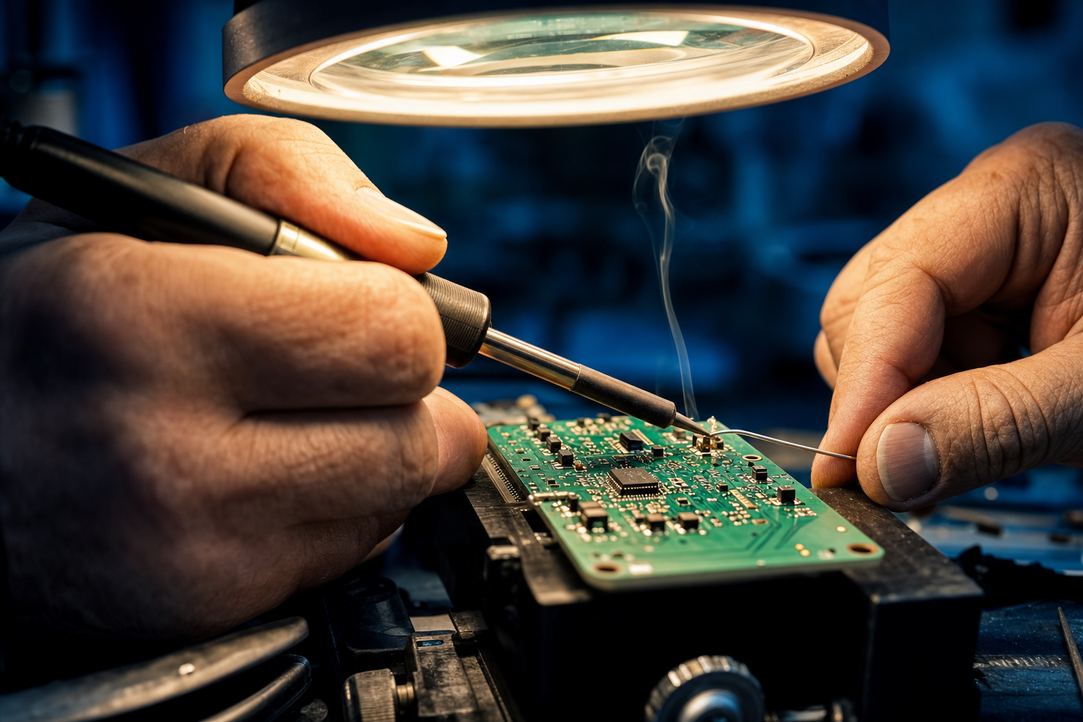 Soudure de précision sur un circuit imprimé sous loupe à l'atelier CarteMère