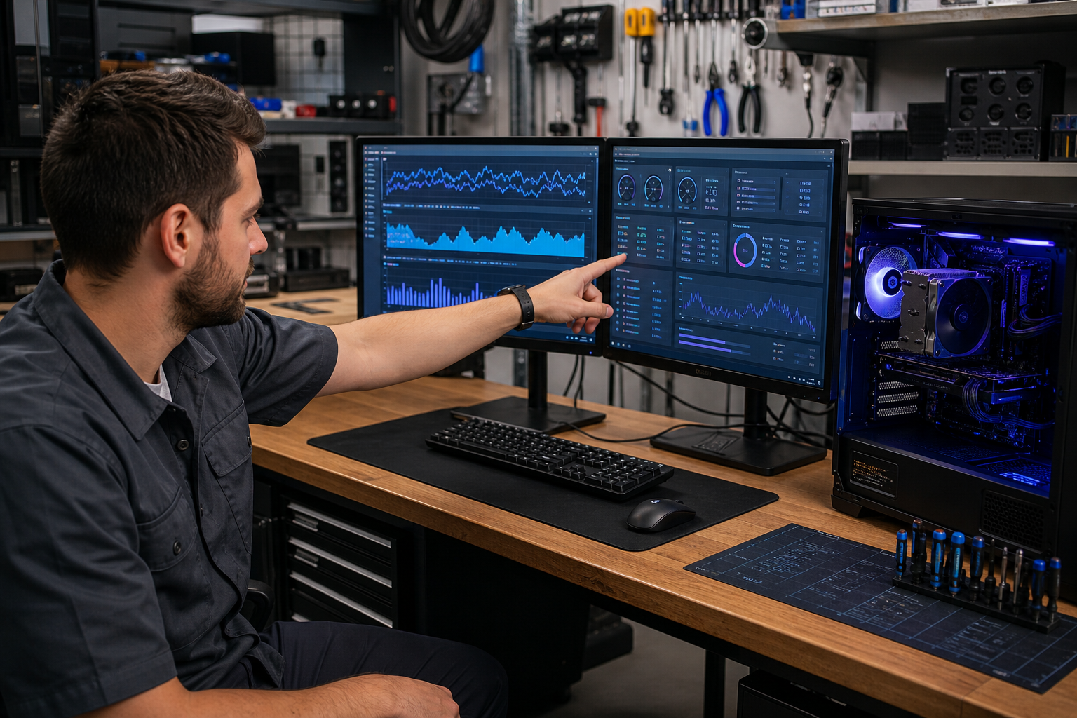 Technicien analysant des graphiques de performance sur double écran à l'atelier CarteMère