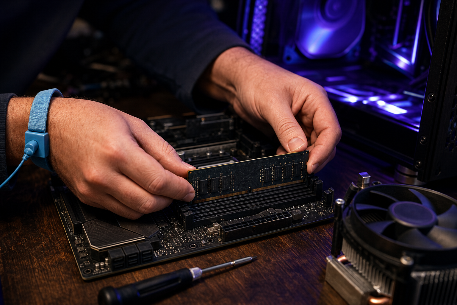 Technicienne installant un module de mémoire sur une carte mère à l'atelier CarteMère à Blois